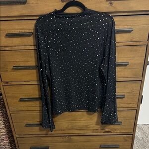 Black Long-Sleeve Rhinestone Mesh Top